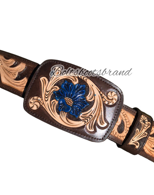 Brown and Navy blue handtooled ⛴ belt