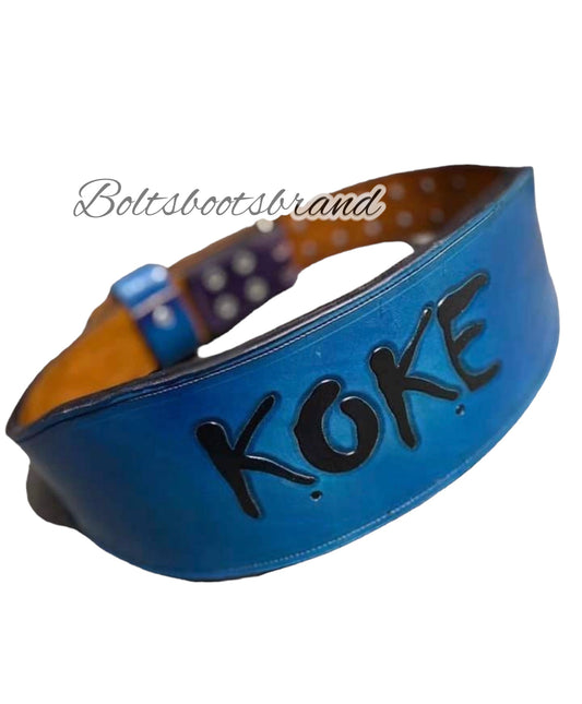 V blue handtooled weight belt by Boltsbootsbrand