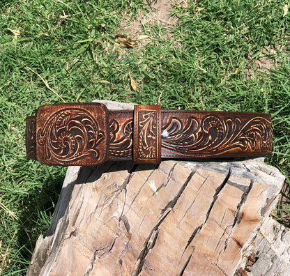 Mid brown scrolls handtooled belt